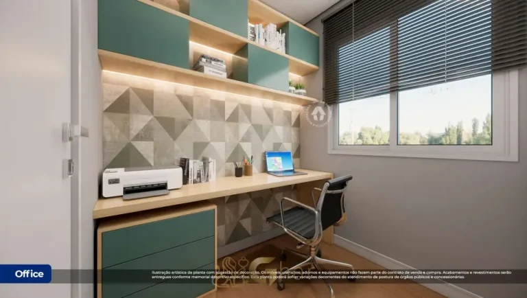 Escritório integrado do apartamento decorado do condomínio Metrocasa Cupecê no bairro do Jardim Jabaquara, São Paulo