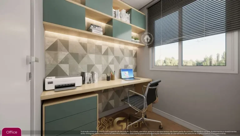 Escritório (office) do apartamento decorado em condomínio residencial no bairro de Pirituba, na Zona Norte de São Paulo