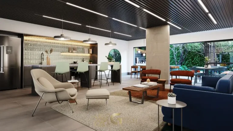 Espaço gourmet com bancada do condomínio Claris Moema no bairro de Moema, São Paulo