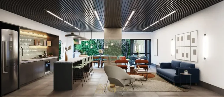 Espaço gourmet com vista para o jardim em apartamentos no bairro de Moema, São Paulo