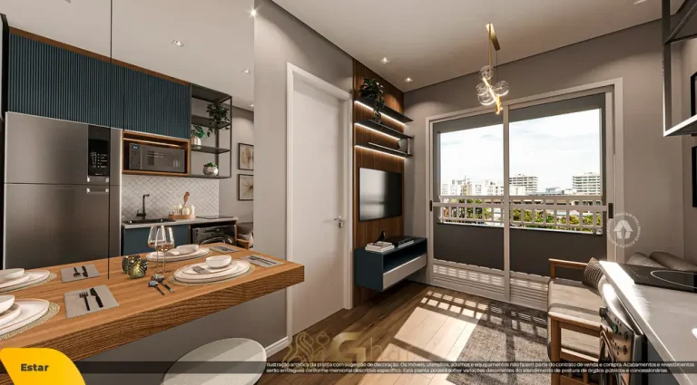 Sala de estar do apartamento decorado de 1 dormitório do condomínio Metrocasa Butantã no bairro do Butantã, São Paulo