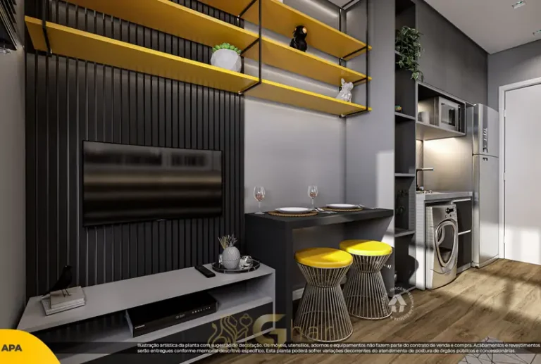 Sala de estar do studio decorado em condomínio residencial no bairro do Butantã, na Zona Oeste de São Paulo