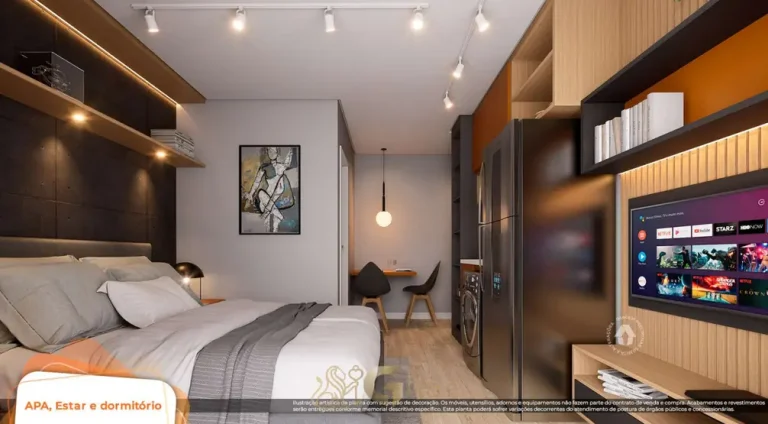 Sala de estar do studio decorado em apartamentos no bairro do Butantã, São Paulo