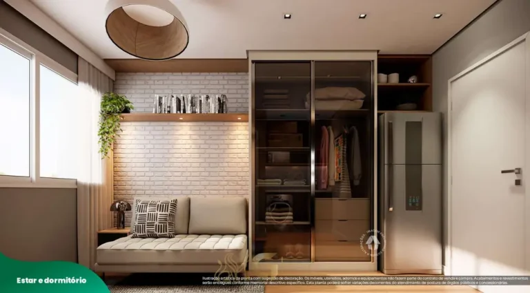 Sala de estar do studio decorado em condomínio residencial no bairro da Vila das Belezas, na Zona Sul de São Paulo