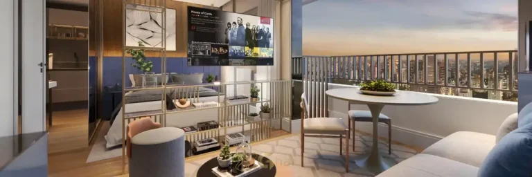 Sala de estar do studio decorado em apartamentos no bairro de Moema, São Paulo