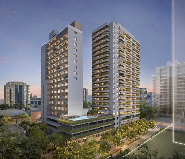 Fachada iluminada do empreendimento em apartamentos no bairro de Moema, São Paulo