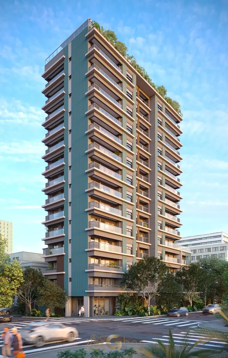 Fachada contemporânea em apartamentos no bairro de Moema, São Paulo