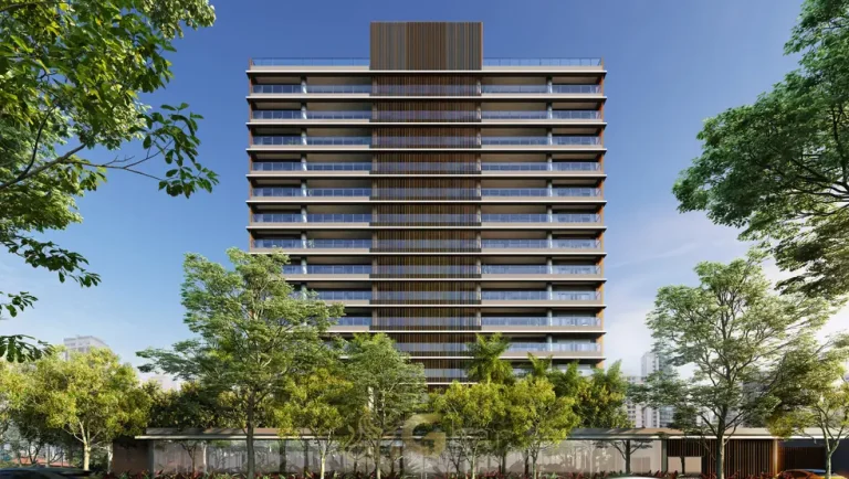 Fachada contemporânea com jardins do condomínio Copa no bairro de Moema, São Paulo