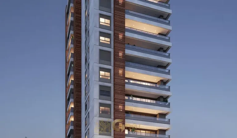 Detalhes da fachada contemporânea do condomínio Nhambí Moema no bairro de Moema, São Paulo