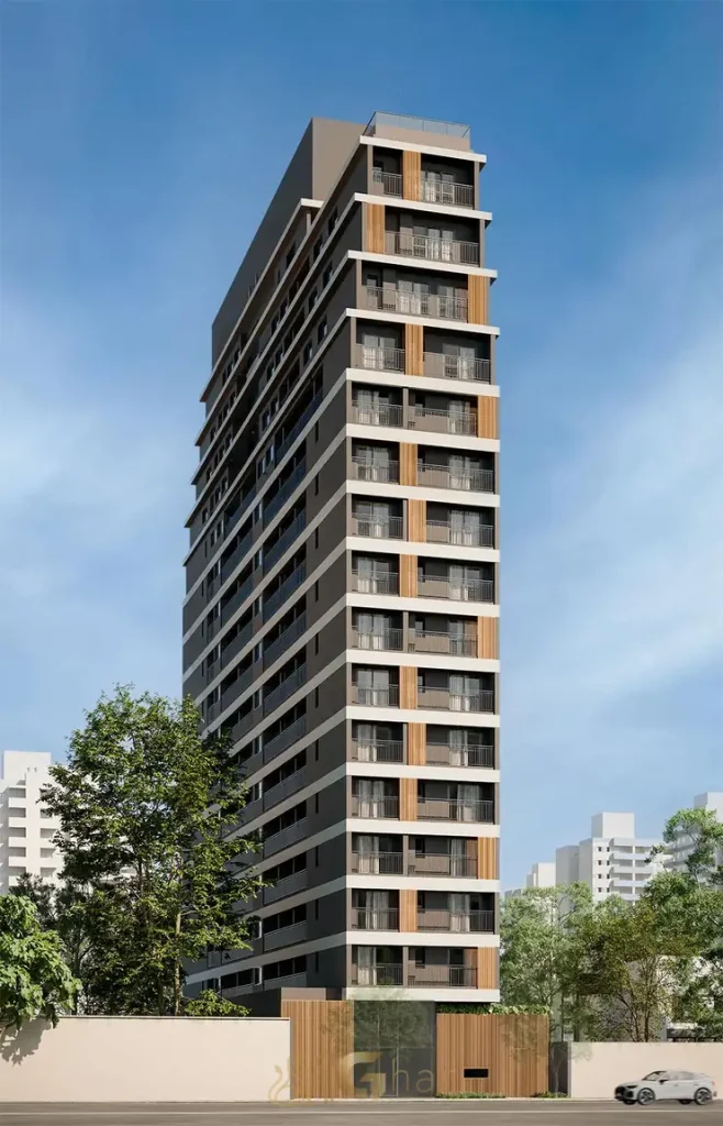 Fachada contemporânea do condomínio Grafik Moema no bairro de Moema, São Paulo
