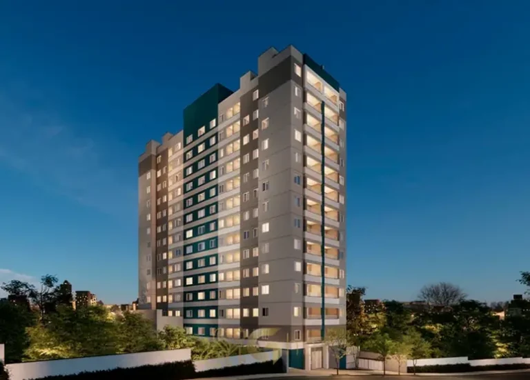 Fachada contemporânea da torre única do condomínio Metrocasa Cambuci no bairro do Cambuci, São Paulo