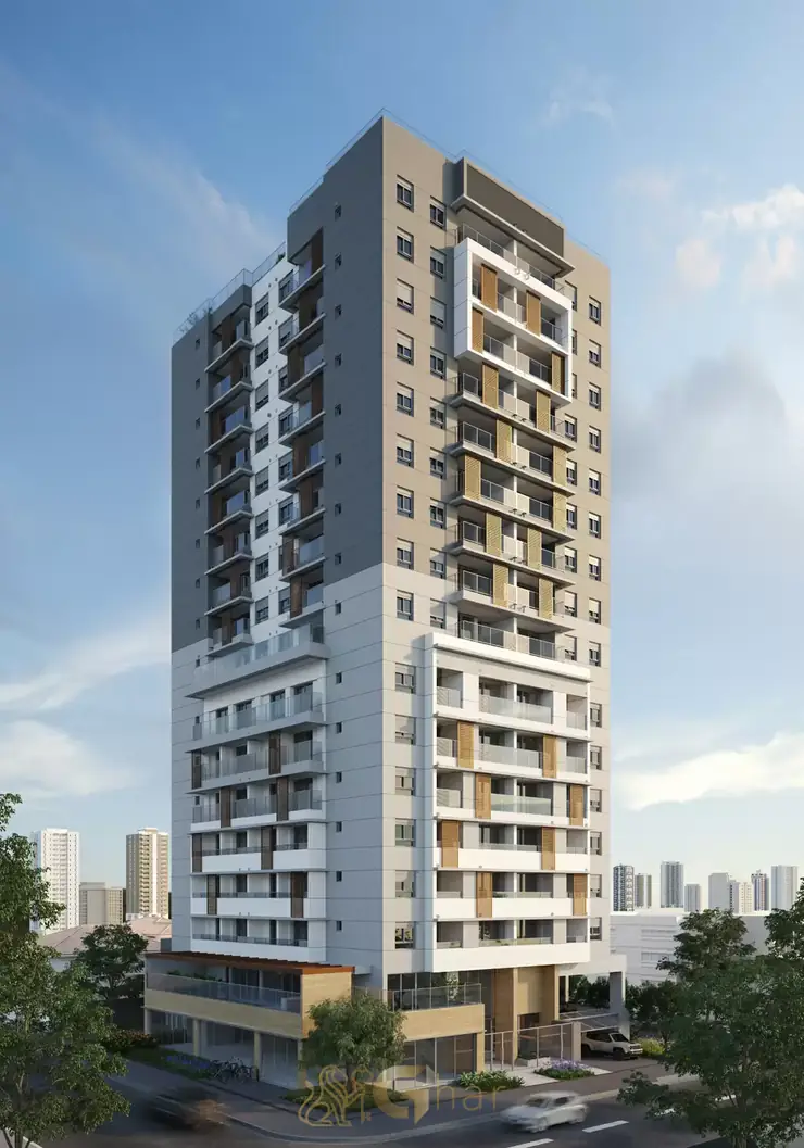 Fachada contemporânea da torre em condomínio residencial no bairro de Moema, na Zona Sul de São Paulo