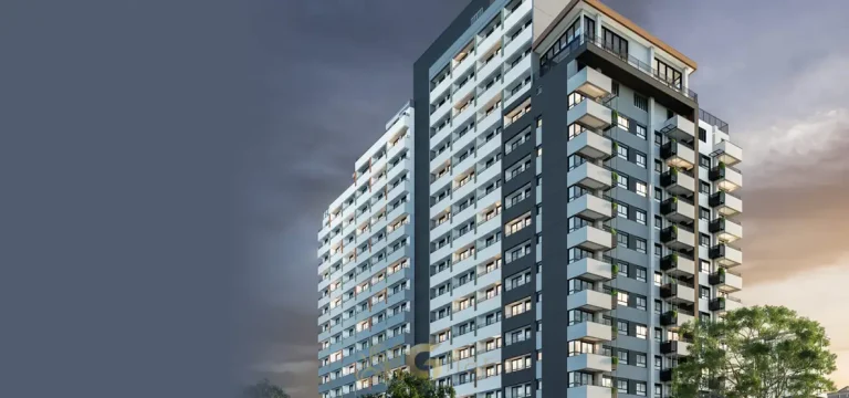 Fachada principal do empreendimento em condomínio residencial no bairro da Vila Olímpia, na Zona Sul de São Paulo