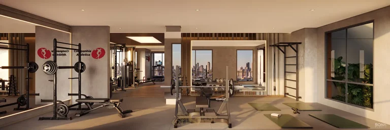 Espaço fitness indoor do condomínio Aiká Moema no bairro de Moema, São Paulo