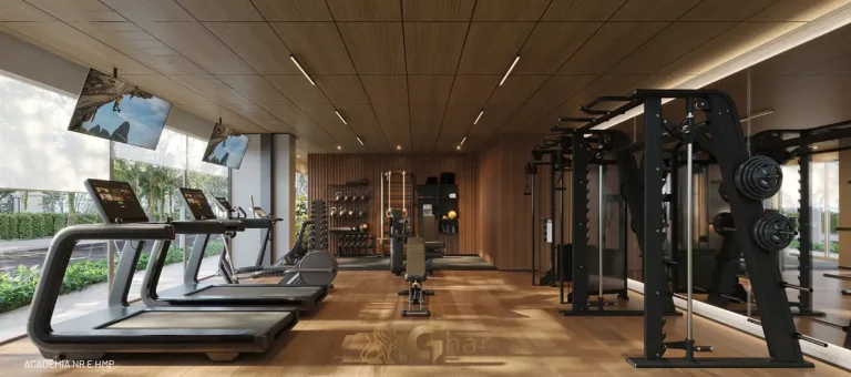 Área de fitness do condomínio Pintassilgo 336 no bairro de Moema, São Paulo