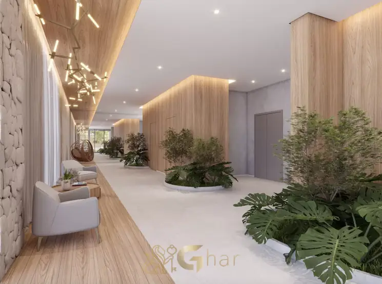 Hall de entrada com acabamento contemporâneo em condomínio residencial no bairro de Moema, na Zona Sul de São Paulo