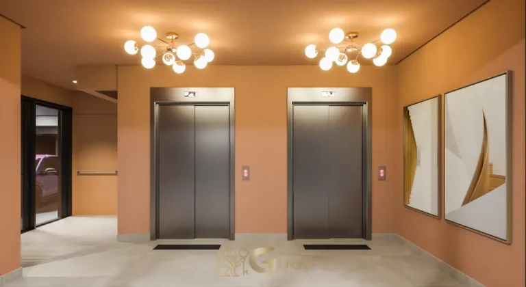 Hall dos elevadores com acabamento sofisticado do condomínio Maison no bairro da Vila Olímpia, São Paulo