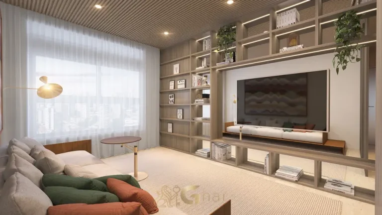 Home theater do apartamento decorado do condomínio Mirage Ibirapuera no bairro do Ibirapuera, São Paulo