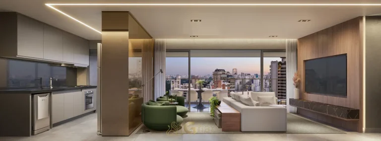 Living do apartamento decorado de 126 m² do condomínio Metropolitan Vila Nova by Helbor no bairro da Vila Nova Conceição, São Paulo