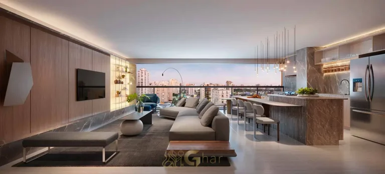 Living do apartamento decorado de 160 m² do condomínio Atmos Moema no bairro de Moema, São Paulo