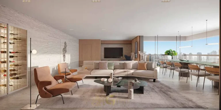 Living do apartamento decorado de 189 m² do condomínio Atmos Moema no bairro de Moema, São Paulo