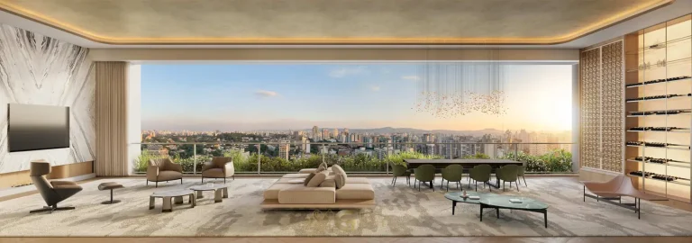 Living do apartamento decorado de 283 m² em condomínio residencial no bairro de Moema, na Zona Sul de São Paulo