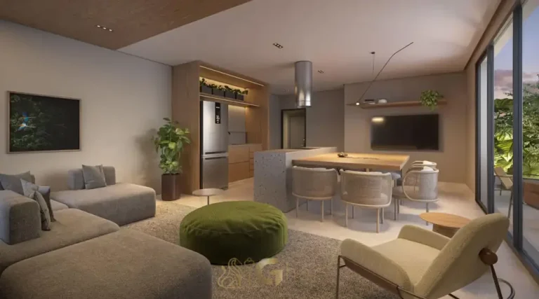 Living do apartamento decorado do condomínio Helbor Lens Moema no bairro de Moema, São Paulo