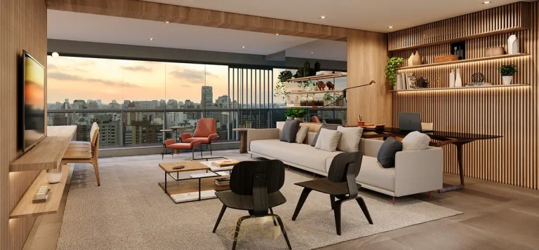 Living do apartamento decorado em condomínio residencial no bairro da Vila Nova Conceição, na Zona Sul de São Paulo