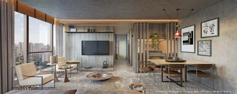 Living do apartamento decorado em condomínio residencial no bairro da Vila Olímpia, na Zona Sul de São Paulo