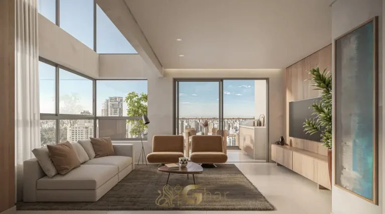 Living com pé-direito duplo do apartamento decorado em apartamentos no bairro de Moema, São Paulo