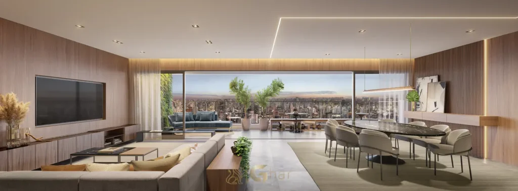 Living do penthouse decorado em condomínio residencial no bairro da Vila Nova Conceição, na Zona Sul de São Paulo