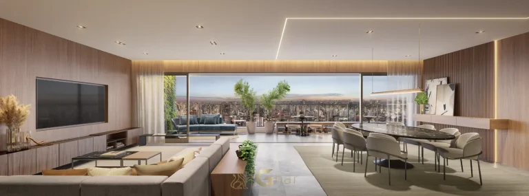 Living do penthouse decorado em condomínio residencial no bairro da Vila Nova Conceição, na Zona Sul de São Paulo
