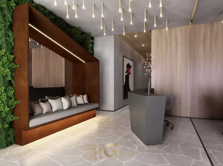 Lobby com portaria e recepção em apartamentos no bairro de Moema, São Paulo