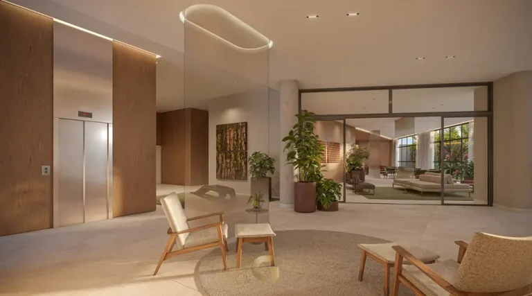 Lobby de entrada em condomínio residencial no bairro de Moema, na Zona Sul de São Paulo