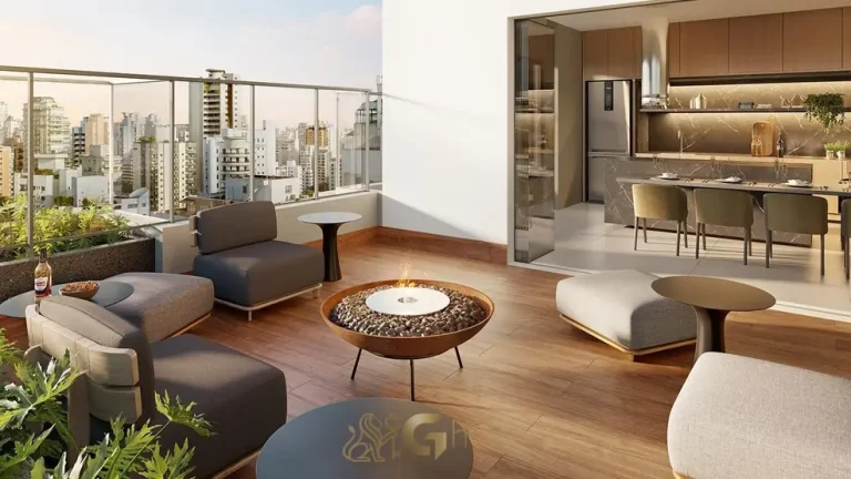 Lounge externo de apoio ao espaço gourmet em apartamentos no bairro da Vila Nova Conceição, São Paulo