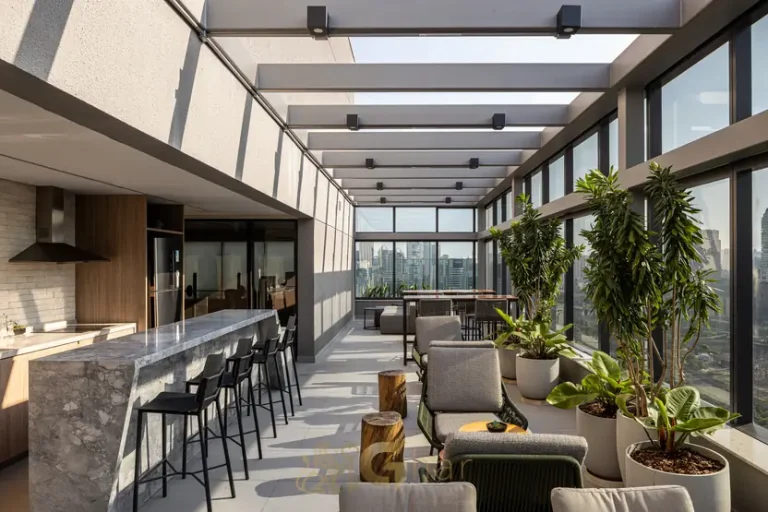 Lounge de festas do condomínio Funchal 641 Apartments no bairro da Vila Olímpia, São Paulo