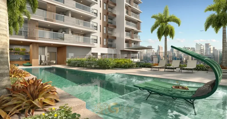 Lounge da piscina do condomínio Most Moema Home no bairro de Moema, São Paulo