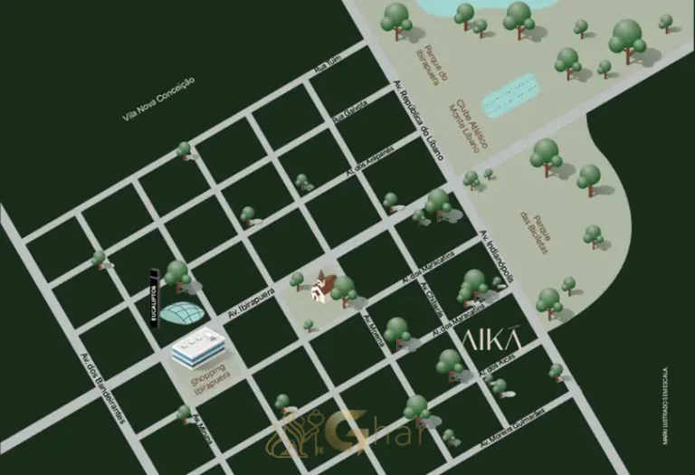 Mapa de localização no bairro em condomínio residencial no bairro de Moema, na Zona Sul de São Paulo