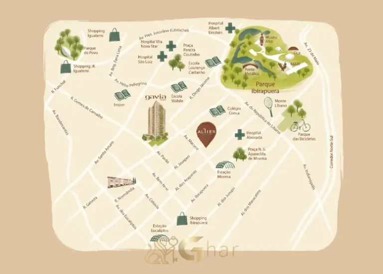 Mapa de localização no bairro do condomínio Gavia Moema no bairro de Moema, São Paulo