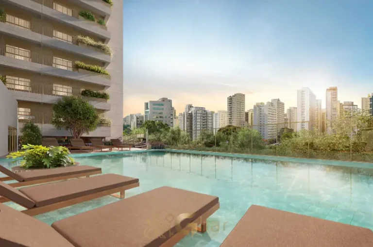 Piscina com deck em apartamentos no bairro de Moema, São Paulo