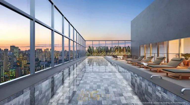 Piscina com vista panorâmica em apartamentos no bairro da Vila Olímpia, São Paulo
