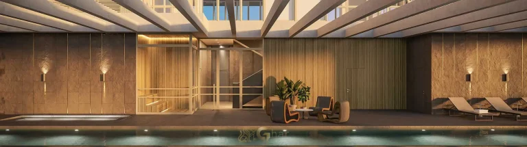 Deck da piscina com raia de 25 metros em apartamentos no bairro de Moema, São Paulo