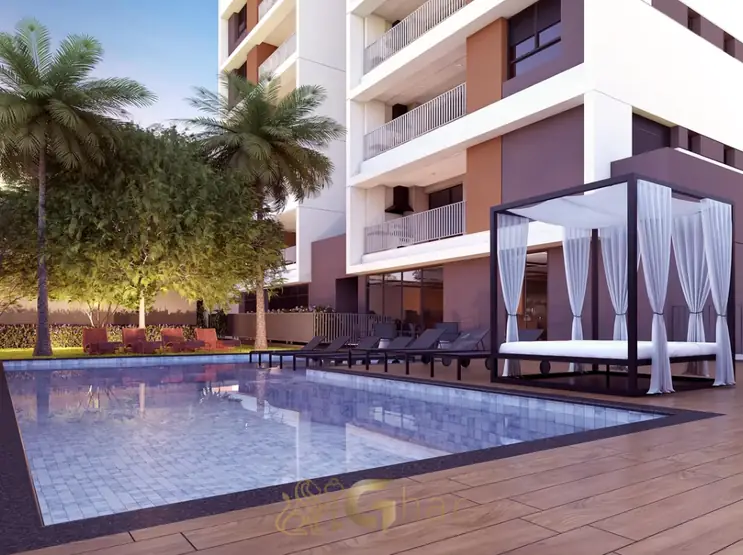 Piscina com solarium do condomínio Autoral Moema Residences no bairro de Moema, São Paulo