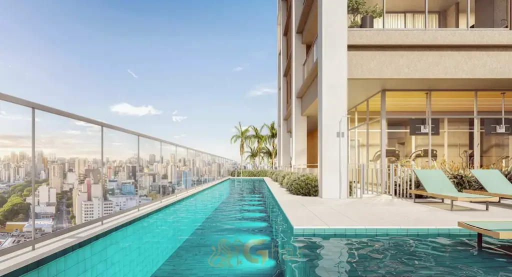 Piscina com solário em apartamentos no bairro de Moema, São Paulo