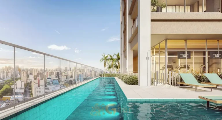 Piscina com solário em apartamentos no bairro de Moema, São Paulo