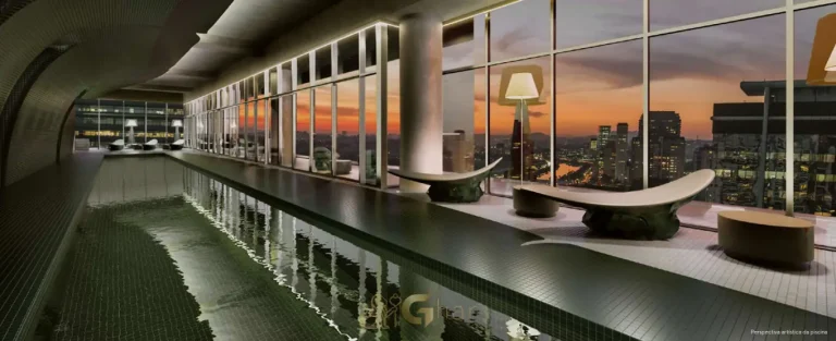 Piscina com deck em apartamentos no bairro da Vila Olímpia, São Paulo