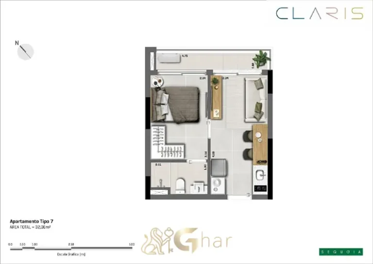 Planta do apartamento de 1 suíte de 32 m² em condomínio residencial no bairro de Moema, na Zona Sul de São Paulo