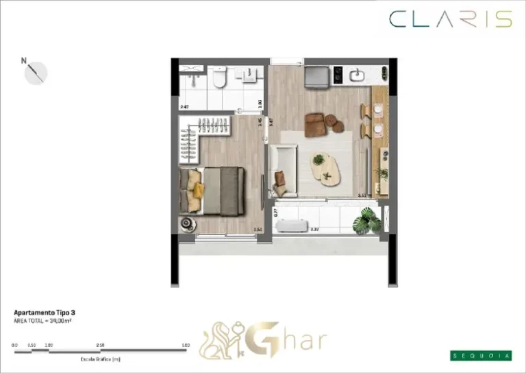 Planta do apartamento de 1 suíte de 34 m² do condomínio Claris Moema no bairro de Moema, São Paulo