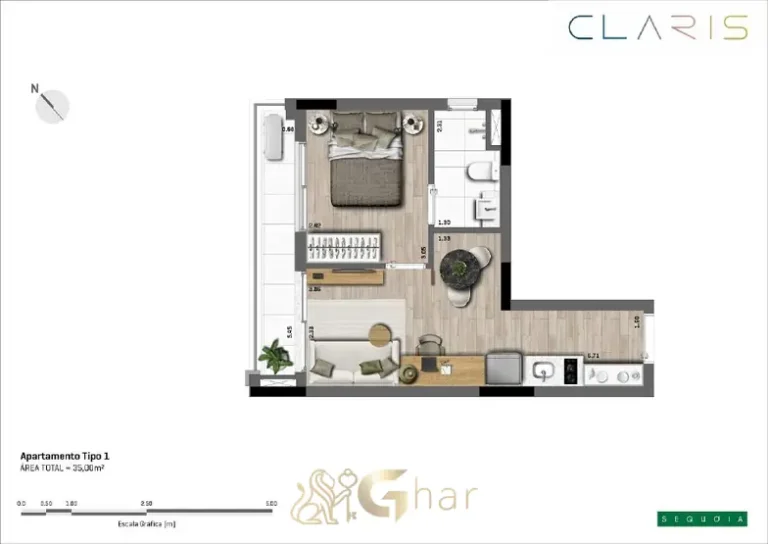 Planta do apartamento de 1 suíte de 35 m² em apartamentos no bairro de Moema, São Paulo