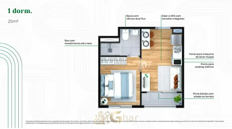 Planta do apartamento de 1 dormitório em condomínio residencial no bairro do Alto do Ipiranga, na Zona Sul de São Paulo